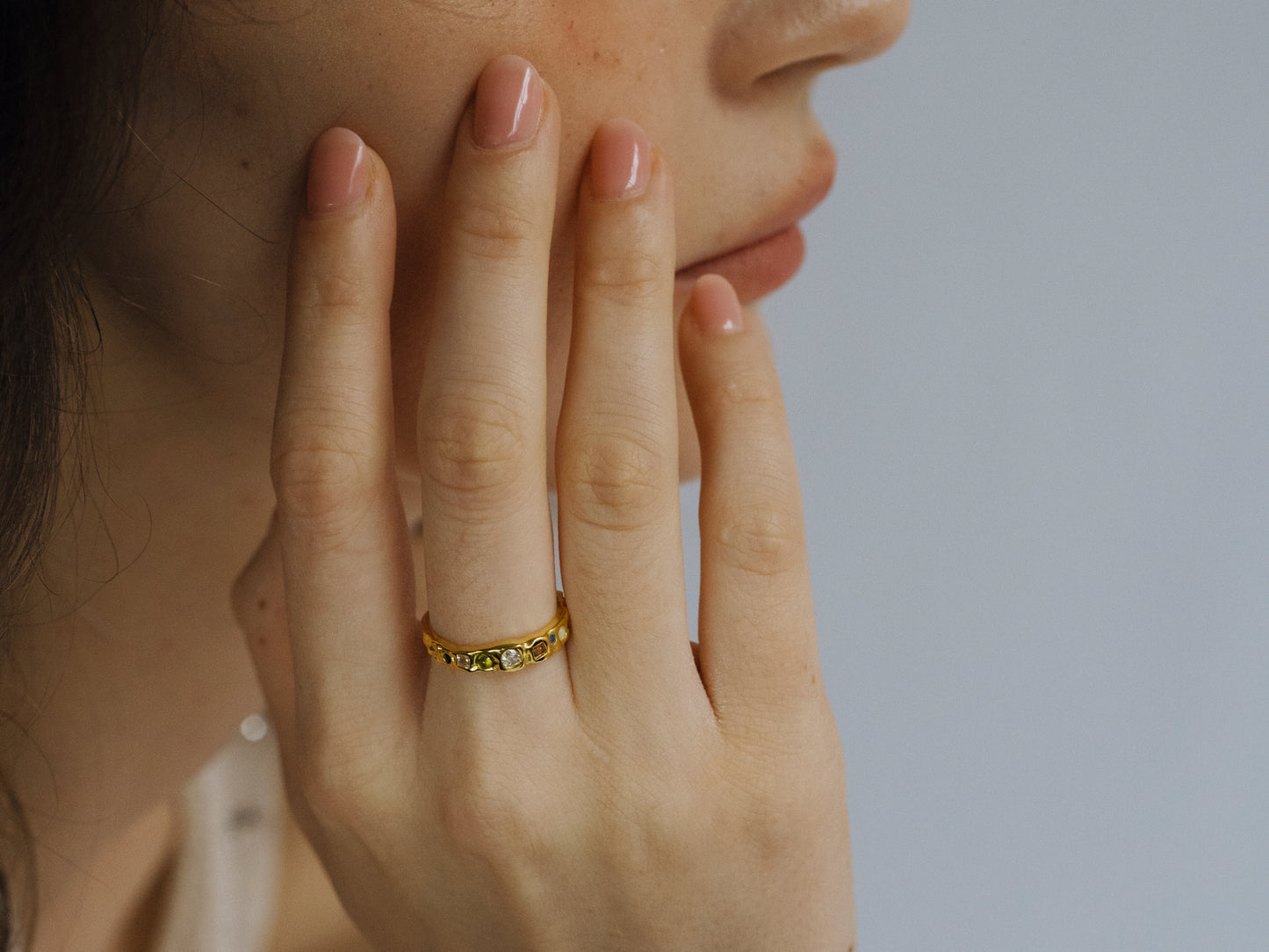 Crystal Cascade Dainty Green Opal Ring