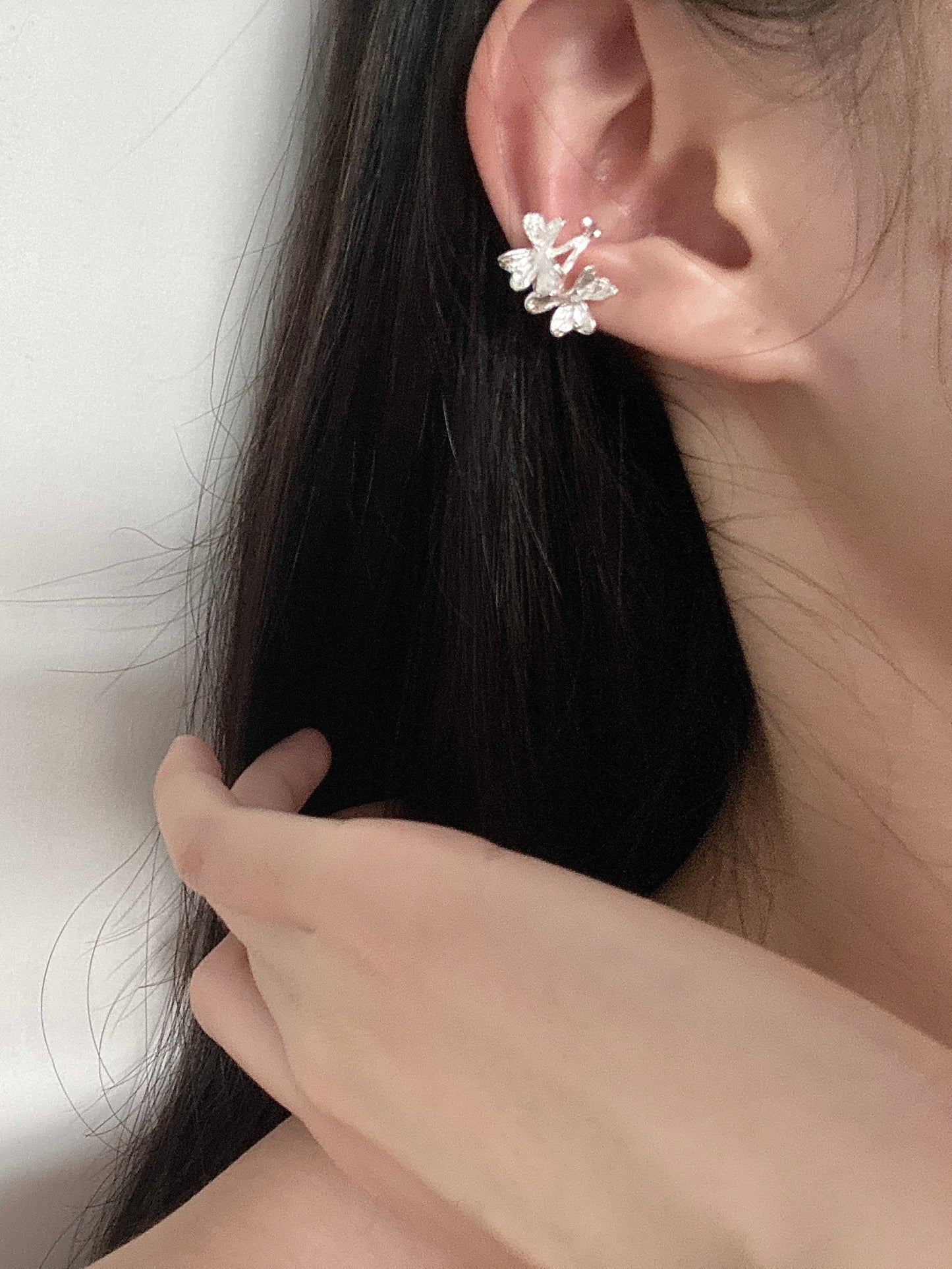 S925 Silver Blossom Ear Cuff on model