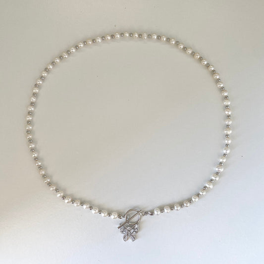 Elegant Pearl Cascade S925 Silver Butterfly Necklace