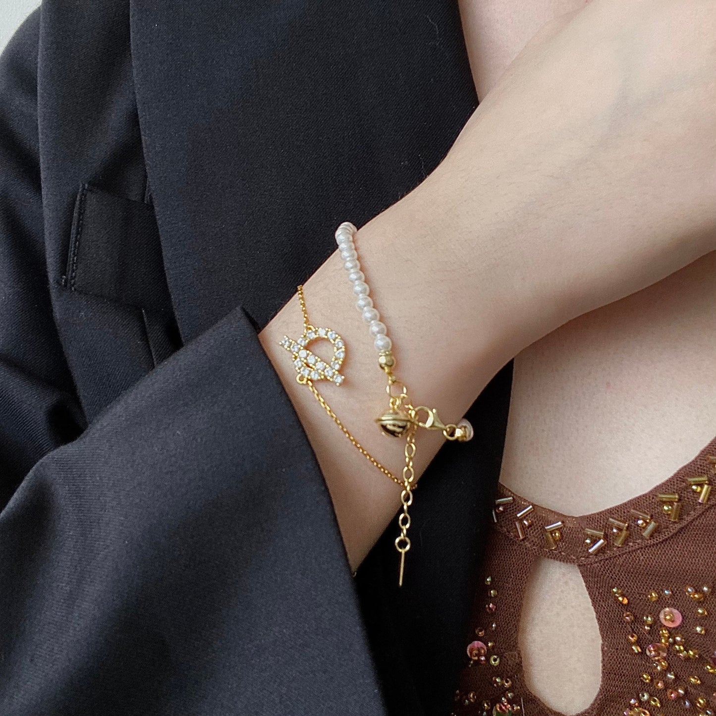 Pearl Melody Swarovski Pearl Bracelet with Gold Bell Charm