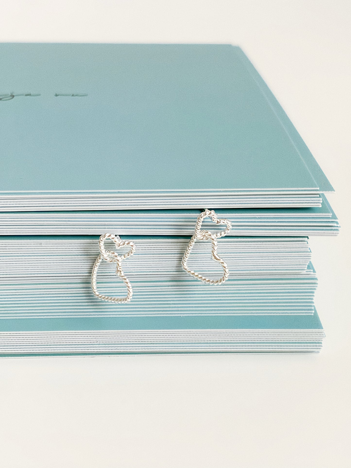 Close-up detail of double heart stud earrings showing twisted rope texture and linked heart design