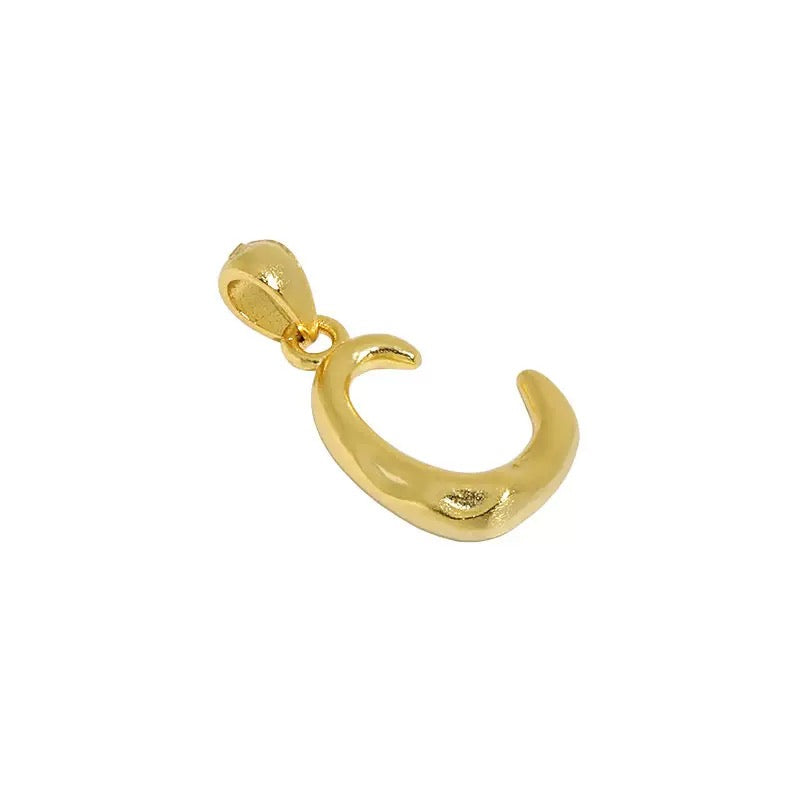 High polish 18k gold plated letter C charm for necklaces, isolated on white background.