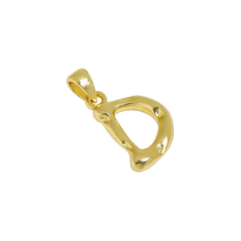 High polish 18k gold plated letter D charm for necklaces, isolated on white background.