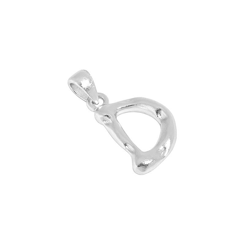 Close up of 925 Sterling Silver letter D pendant with organic liquid metal texture.