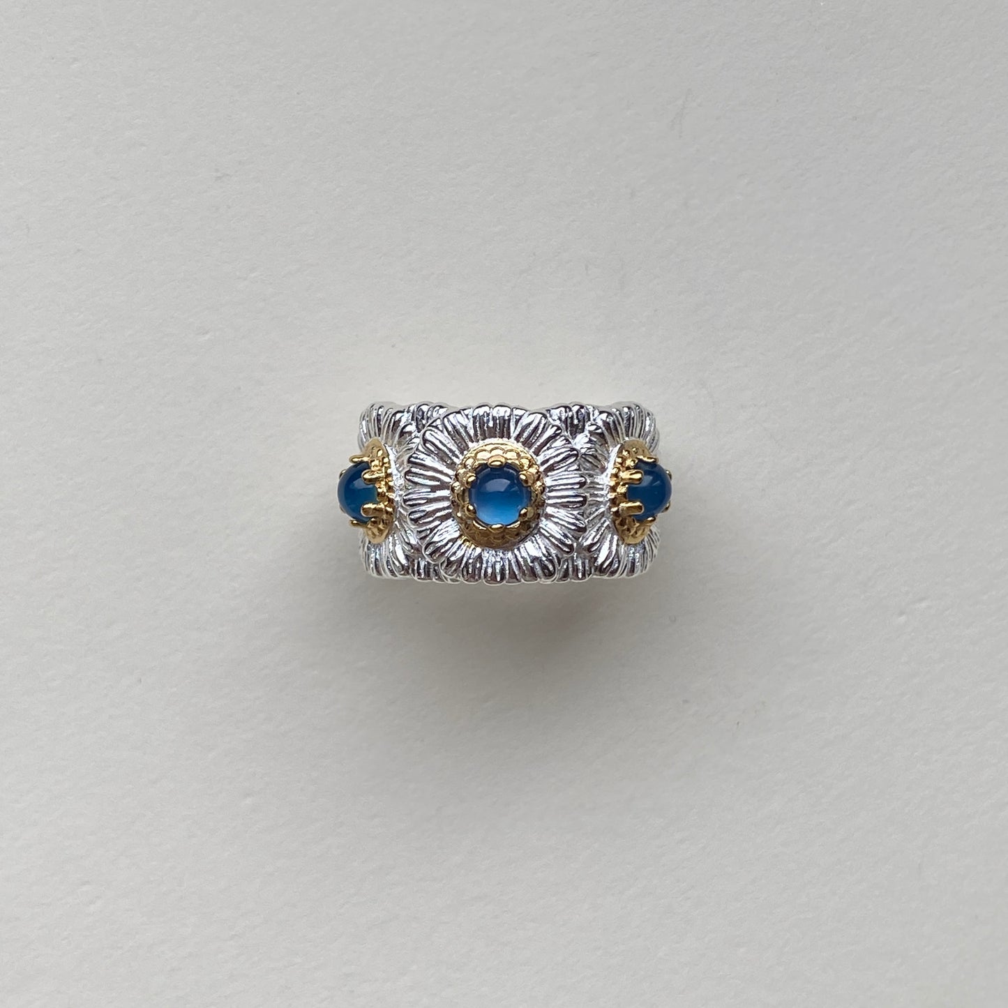 blue agate daisy ring sterling silver, 12mm wide adjustable US 5–8