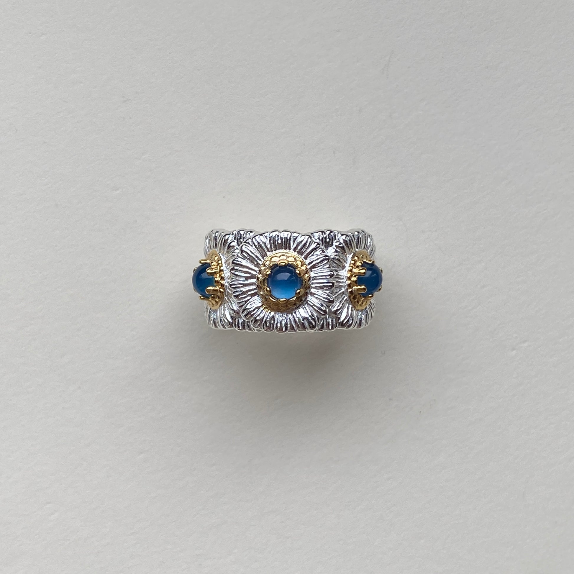 blue agate daisy ring sterling silver, 12mm wide adjustable US 5–8