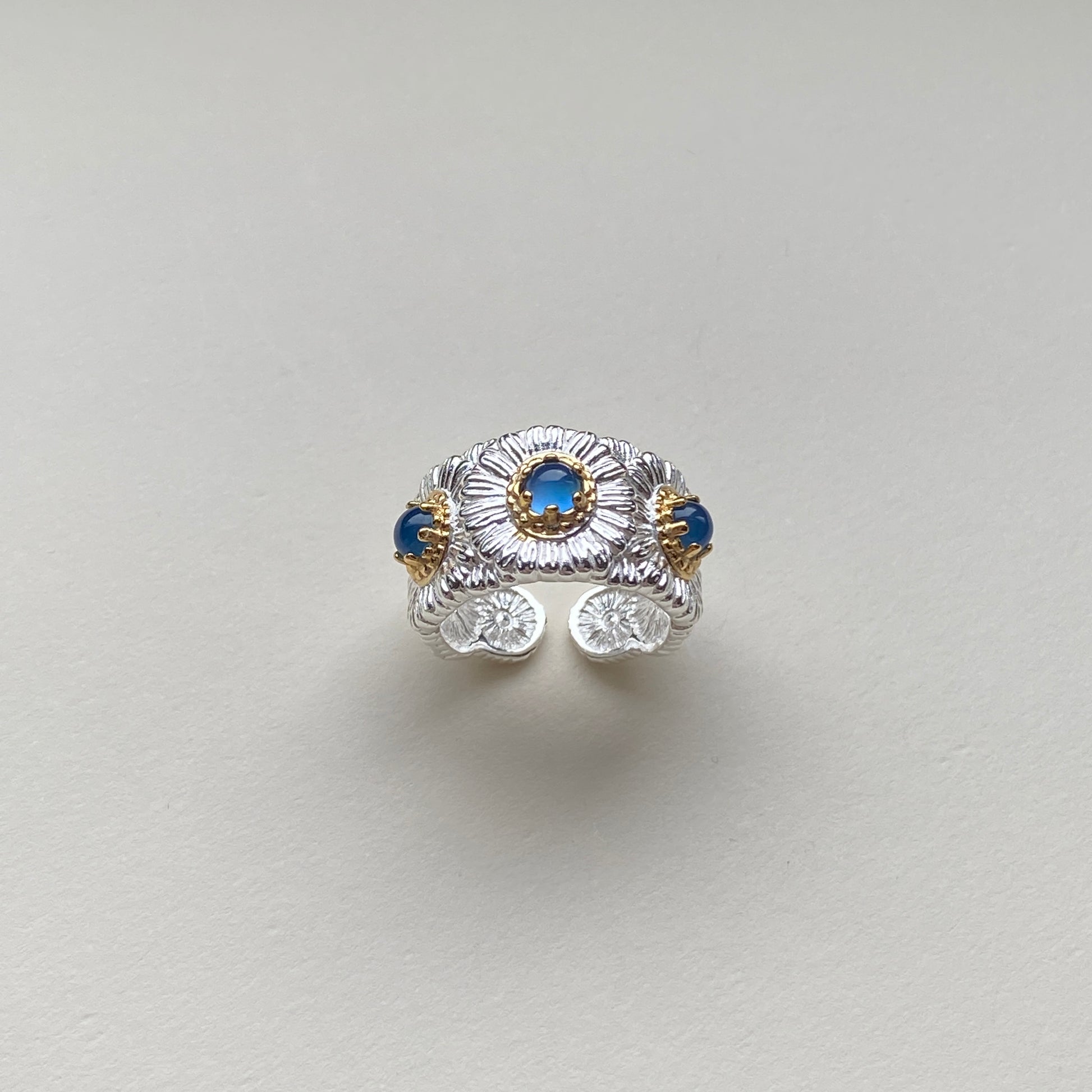 wide floral gemstone ring silver, textured daisies
