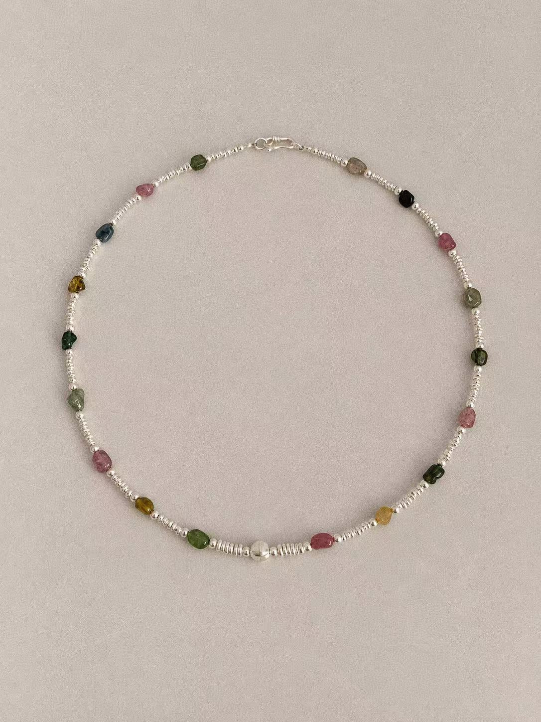 Bonbon natural multicolour tourmaline choker necklace with irregular sterling silver disc spacers, full view