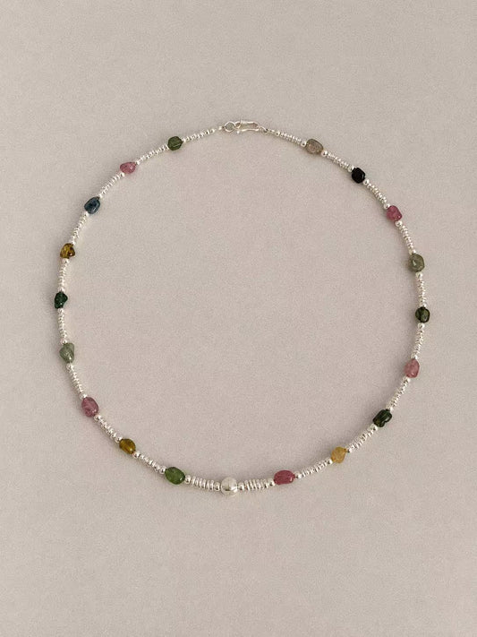 Bonbon natural multicolour tourmaline choker necklace with irregular sterling silver disc spacers, full view