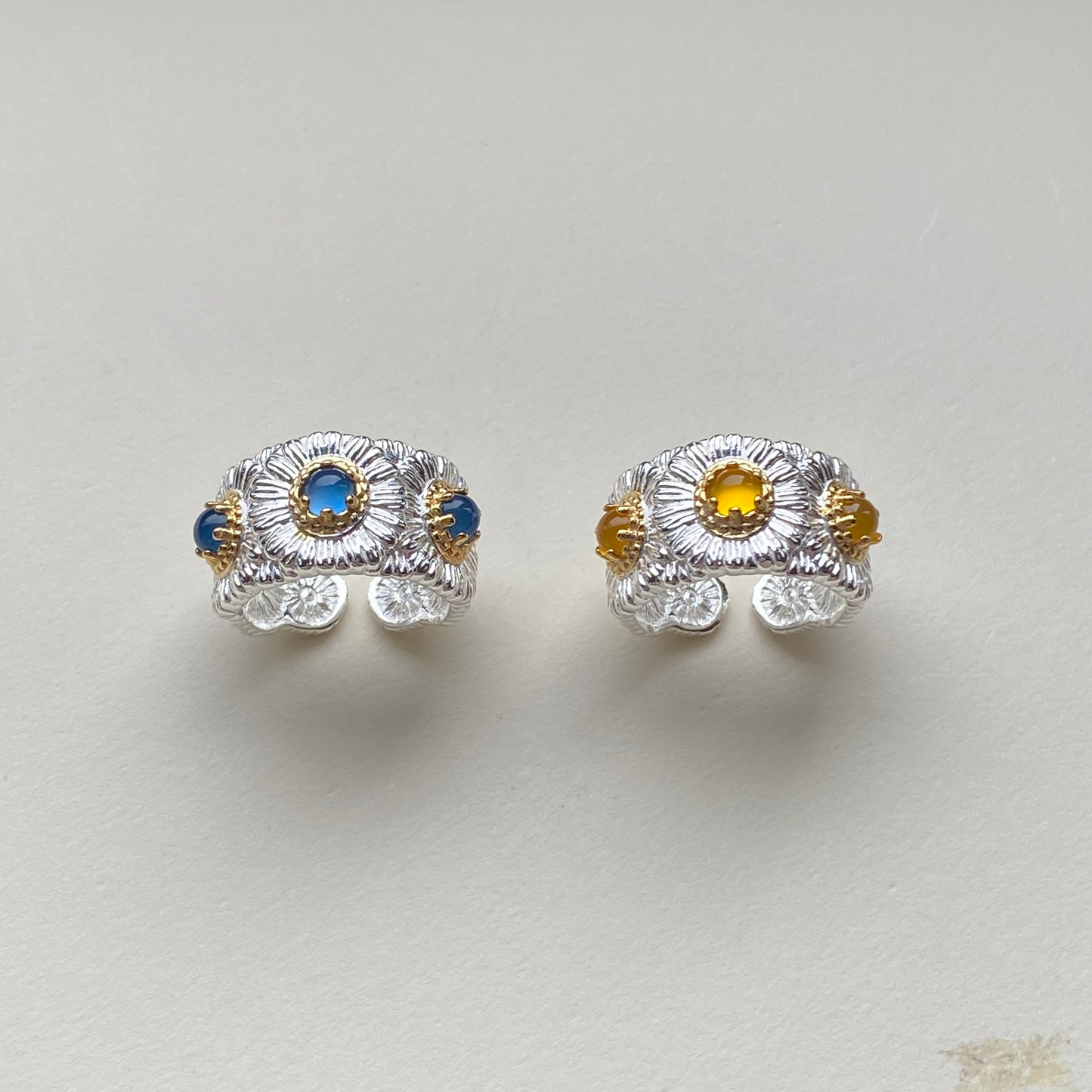 sterling silver floral statement ring with agate, wide band for women