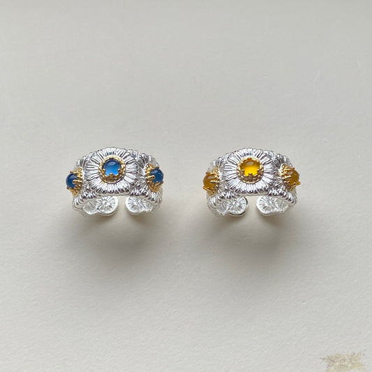 sterling silver floral statement ring with agate, wide band for women