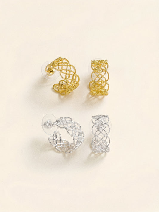 A comparison of the Arabesque Petal Lace Hoops in both 18k gold and sterling silver plating.