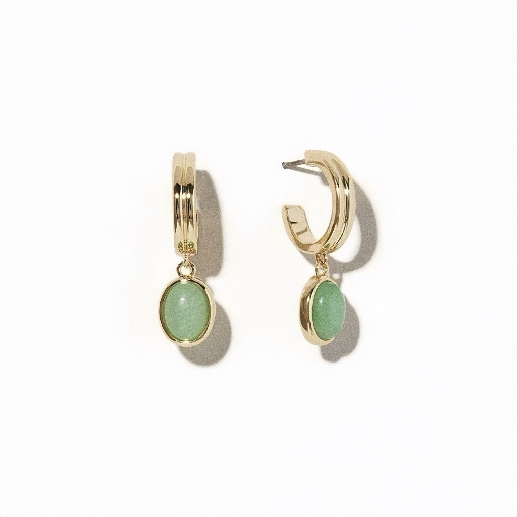 A pair of 18k gold plated titanium steel hoop earrings featuring natural green aventurine pendants.