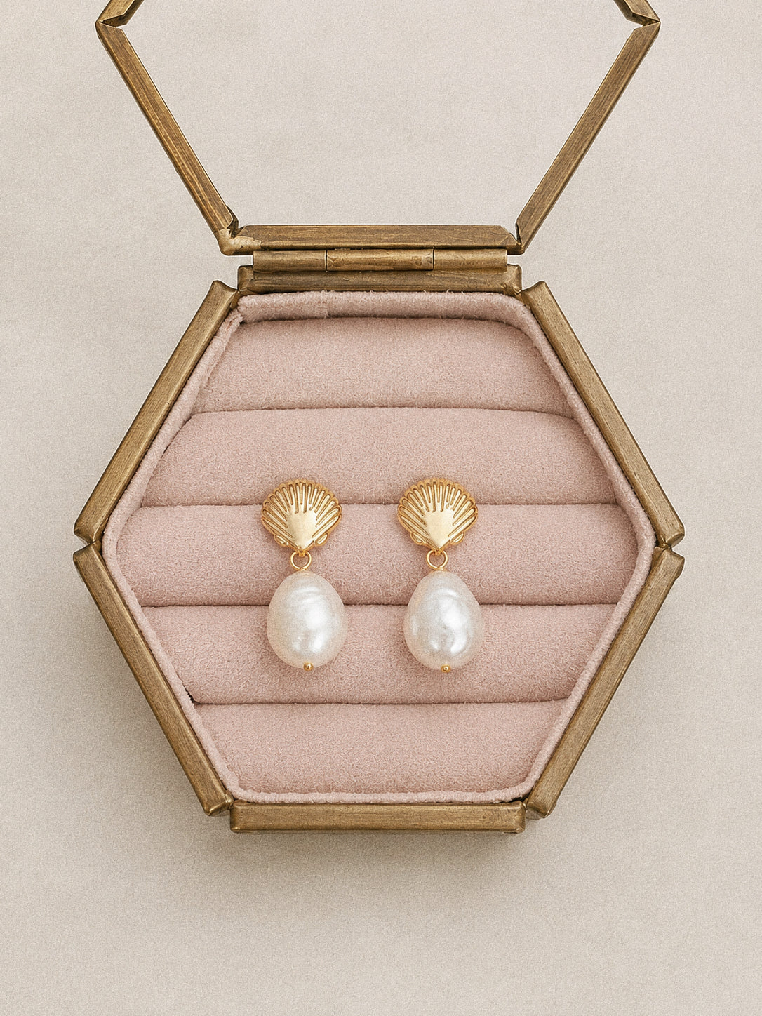 Shore Edison baroque pearl earrings presented as a pair in a Deja vu Jewellery gift box.