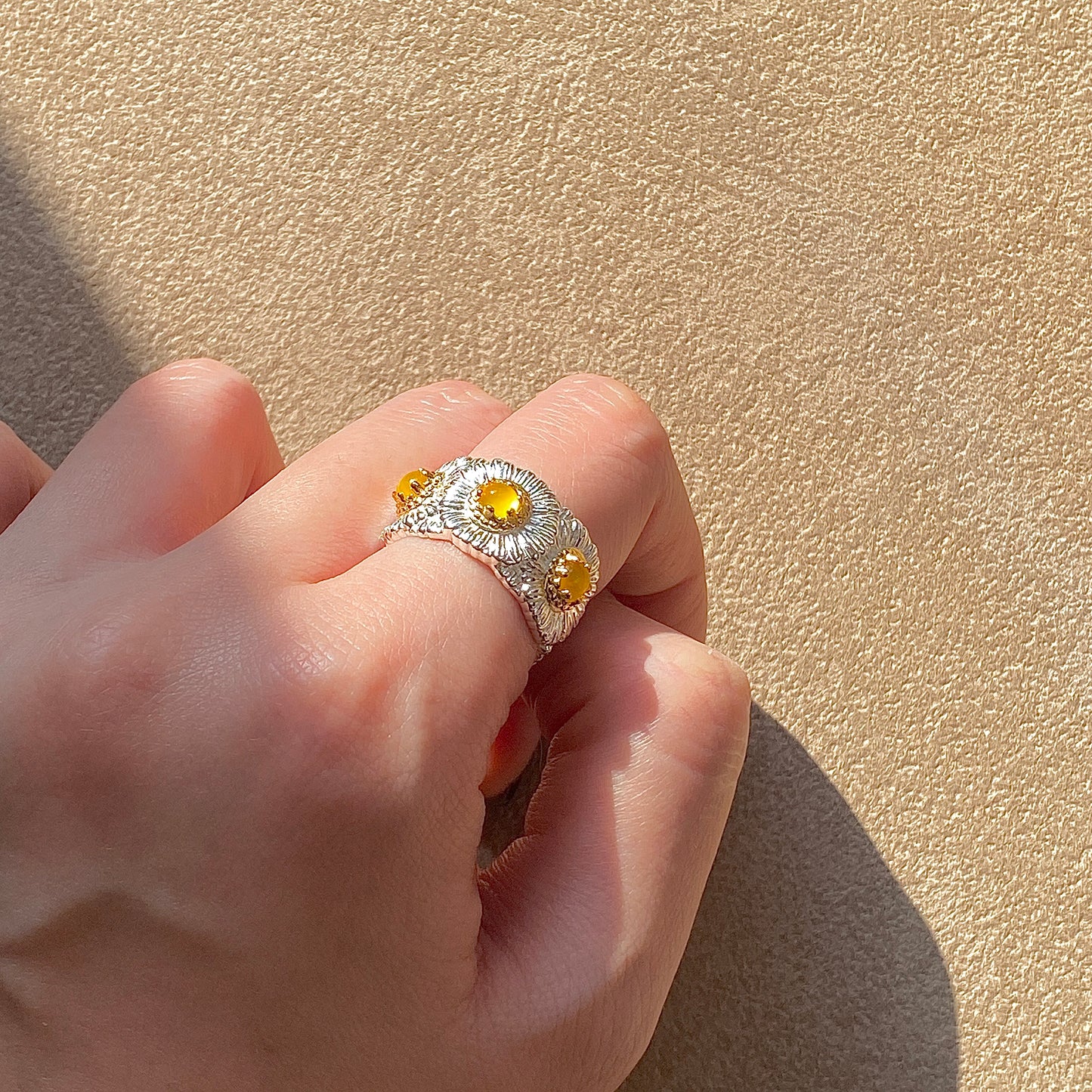 yellow agate gemstone flower ring, 5mm stone in carved sterling silver band