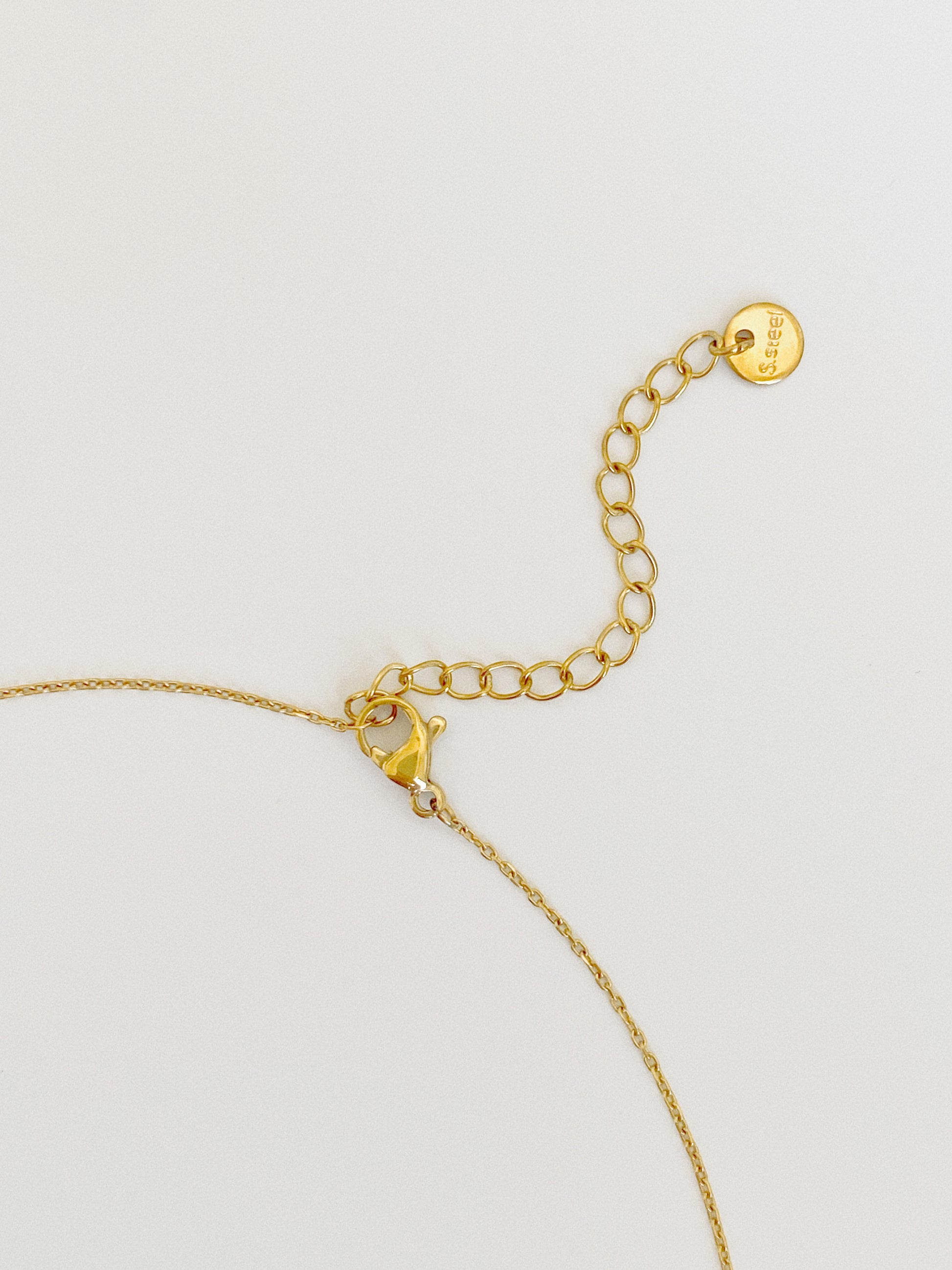 Lobster clasp, 5cm adjustable extender and round stainless steel tag of the Fortuna waterproof gold necklace
