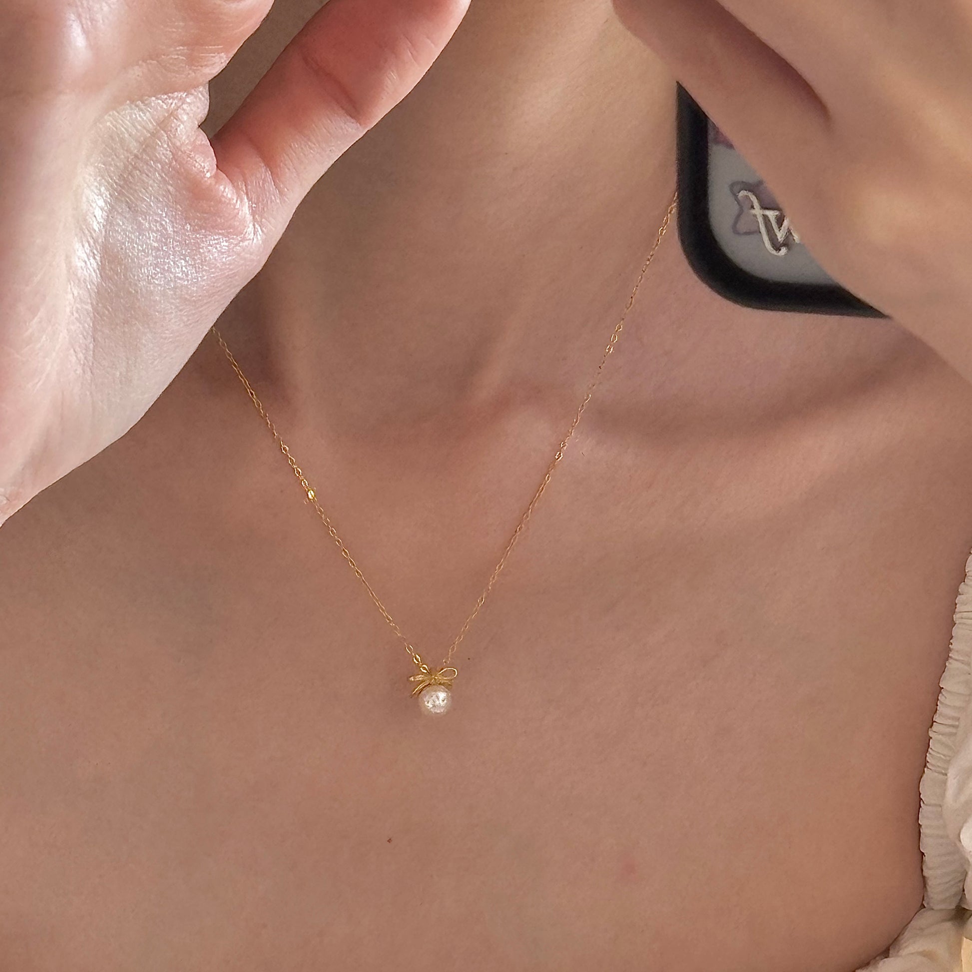 Minimal bow ribbon pearl pendant, everyday layering necklace, sterling silver