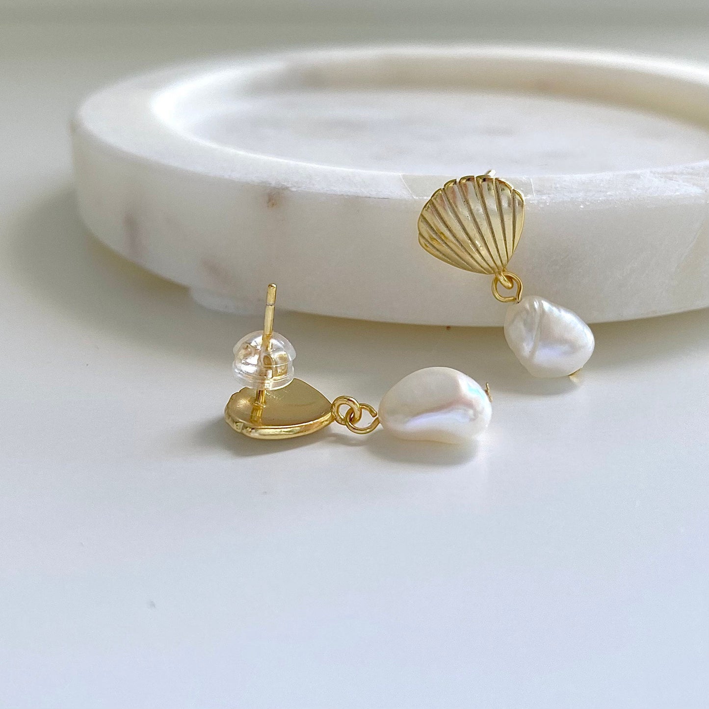 Seashell Pearl Silver Stud Earrings