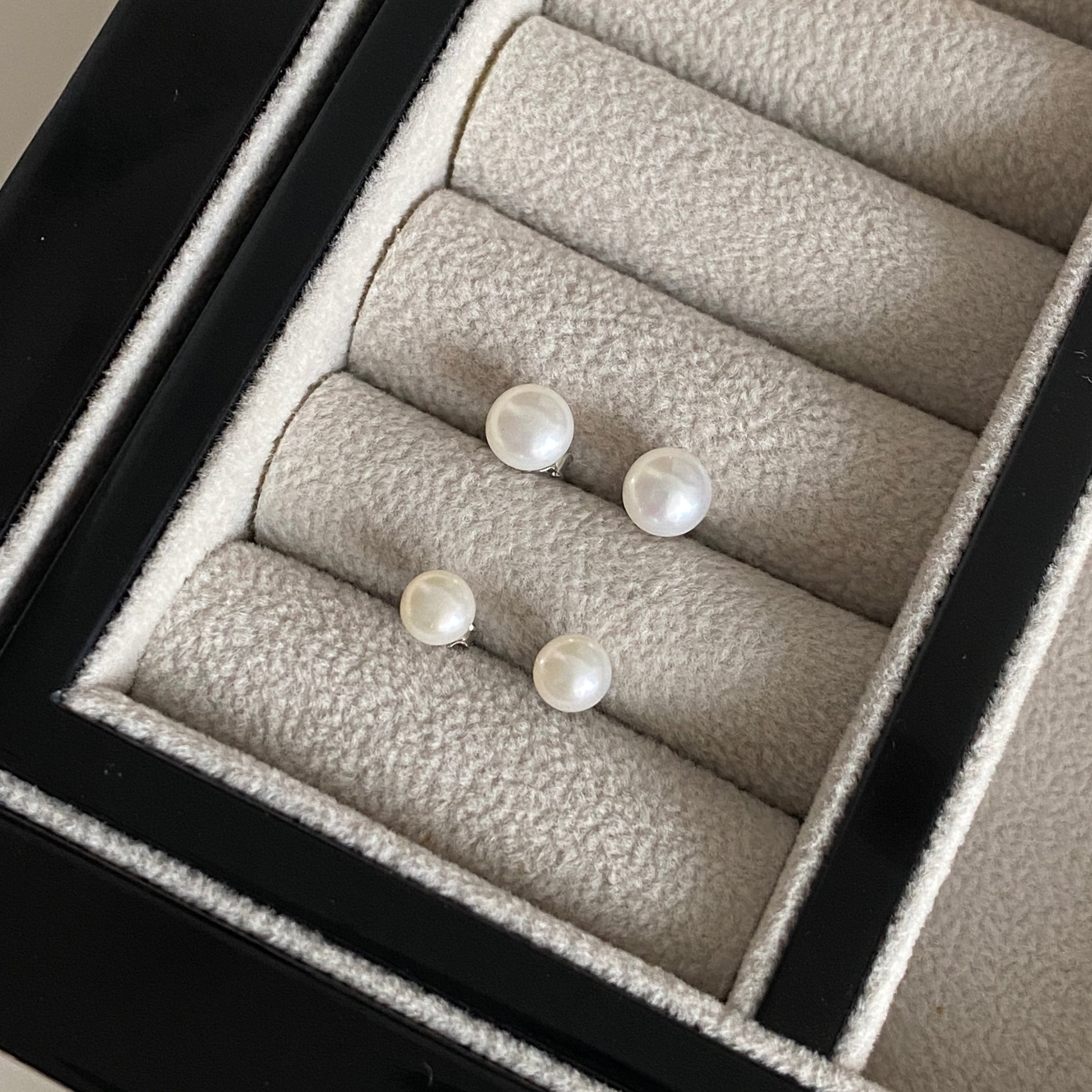 Timeless Elegance Sterling Silver Pearl Stud Earrings in two sizes in jewelry box