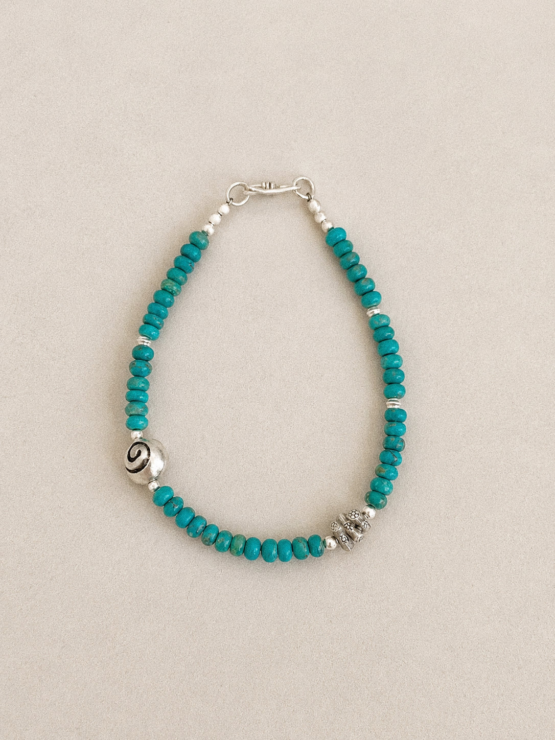 Kathmandu natural turquoise beaded bracelet with sterling silver beads and hook clasp handmade with Nepalese stone