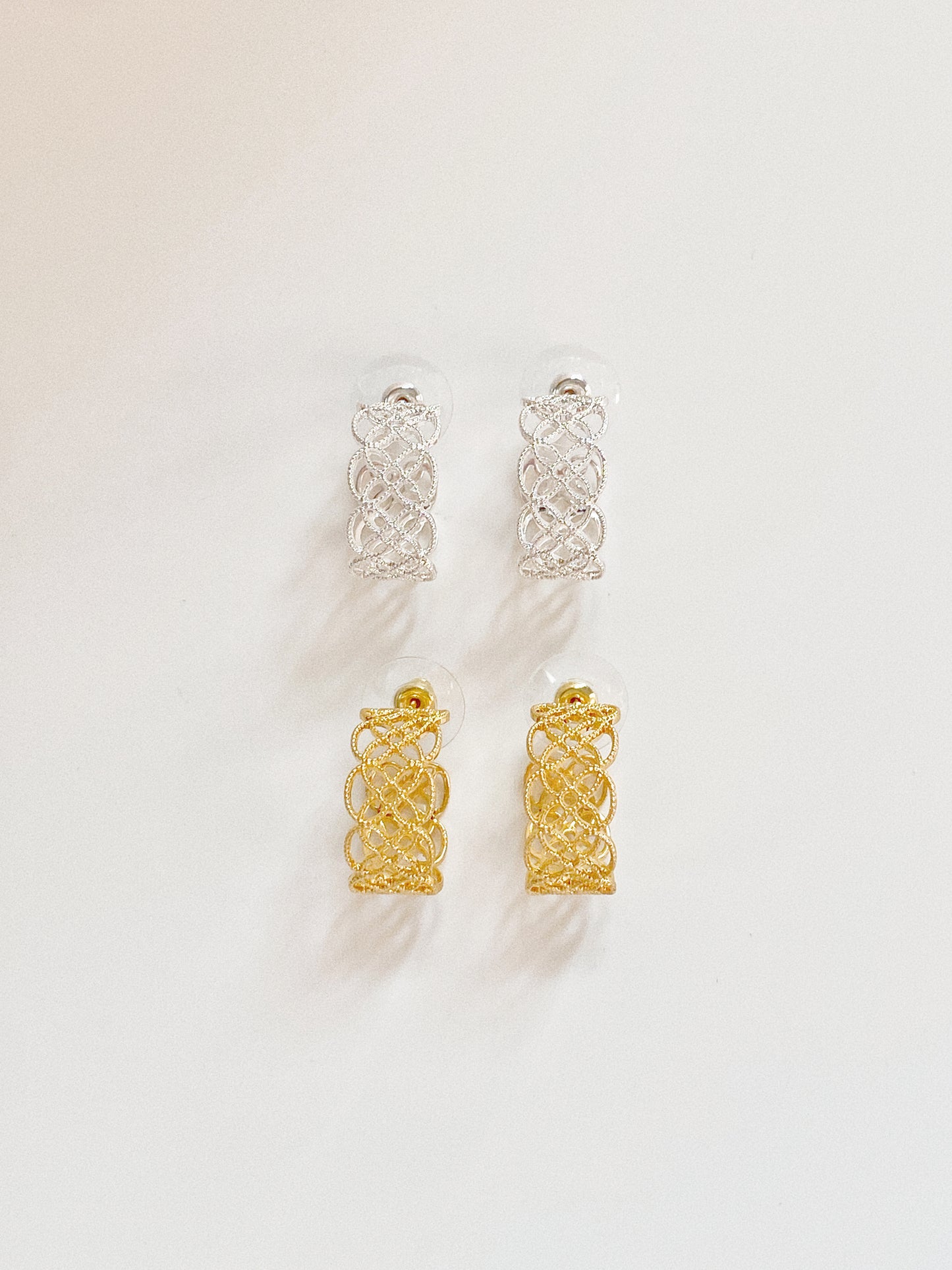 Front view of the gold and silver lace hoops, highlighting the 9mm width and intricate pattern.
