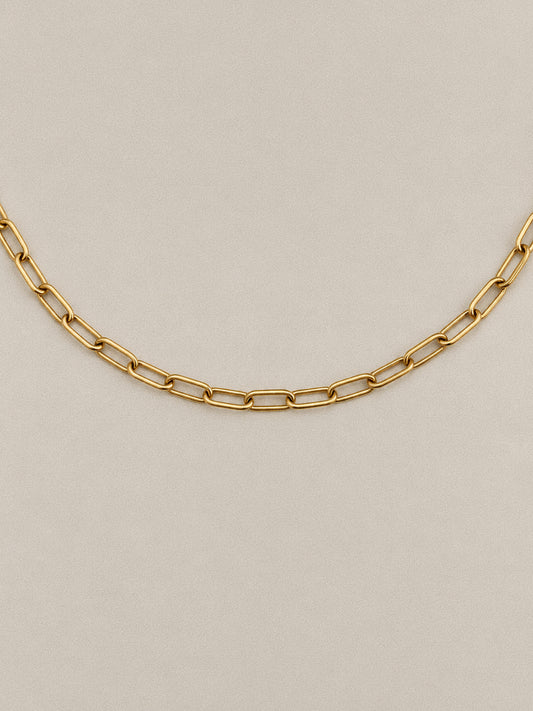 Front view of Linea gold-tone paperclip chain necklace, showing elongated links with rounded ends against a taupe background.