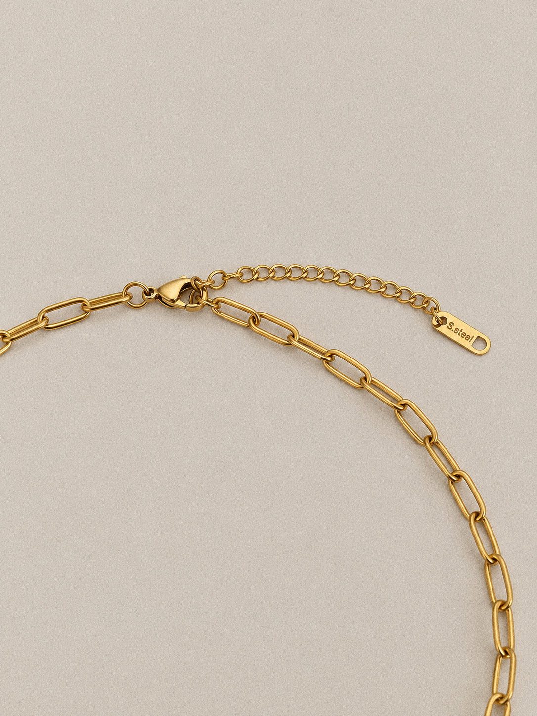 Close-up of the Linea necklace's lobster clasp, oval extension links and stainless steel tag beside the paperclip chain.