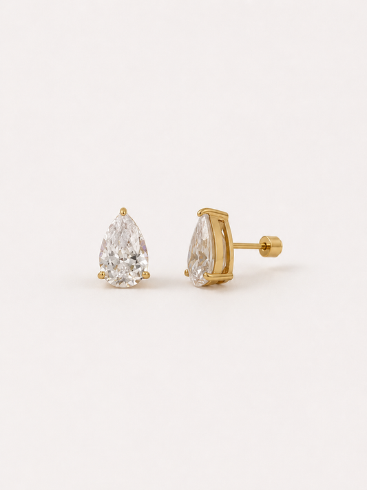 Dew pear stud earrings with claw set teardrop cubic zirconia and screw backs in 18k gold plated steel