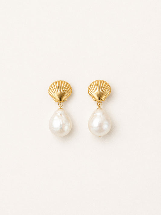 Shore freshwater Edison baroque pearl earrings with gold-plated shell studs and high-lustre white pearl drops.