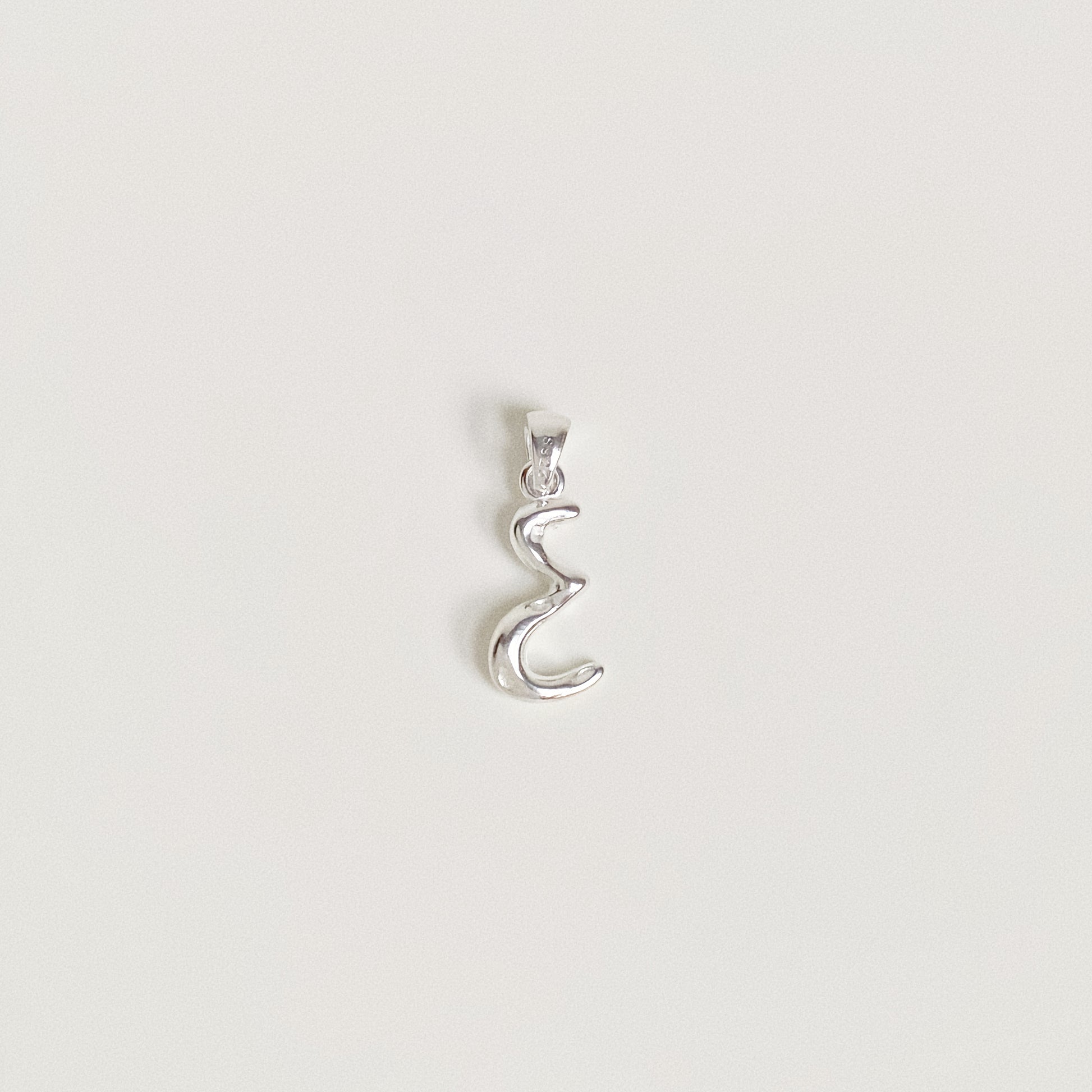 925 Sterling Silver organic shape letter pendant with high polish liquid metal texture.