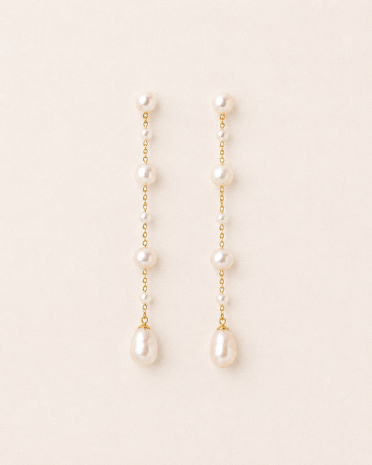 Sway long freshwater pearl drop earrings in 18K gold-plated sterling silver with oval, petite and teardrop pearls.