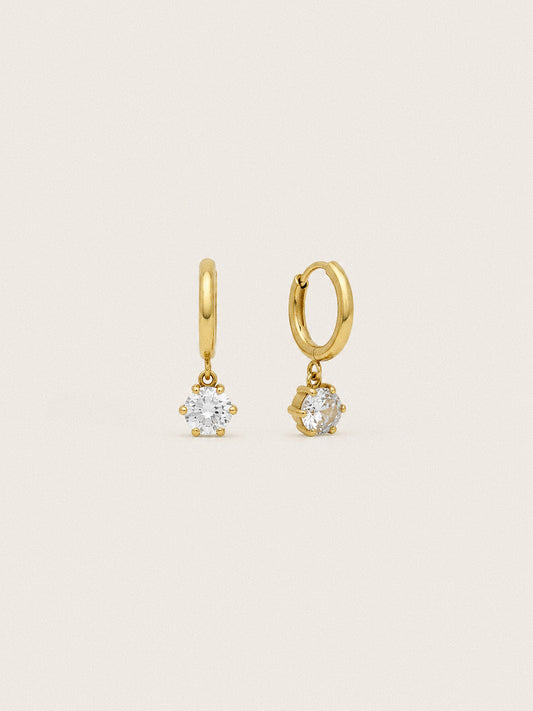 Icon waterproof huggie hoop earrings with six claw round cubic zirconia drops in 18k gold plated steel