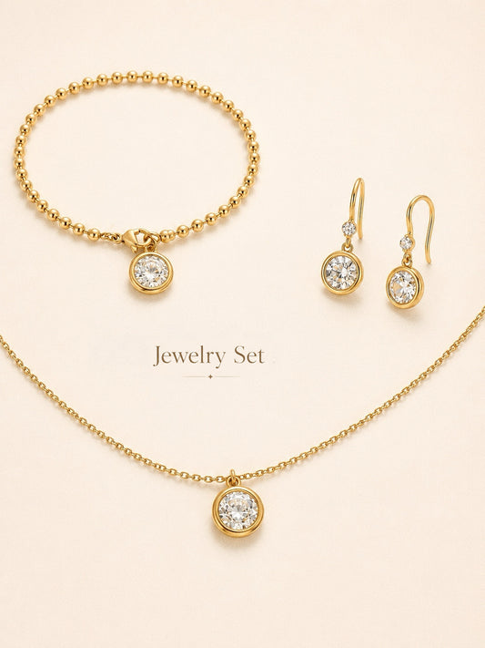 Aura waterproof jewellery set with matching CZ necklace, drop earrings and ball chain bracelet in 18k gold